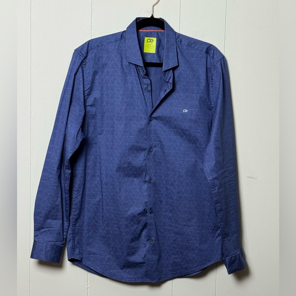 Peter England Mens Long Sleeve Navy Geometric Button Down Shirt Size XL